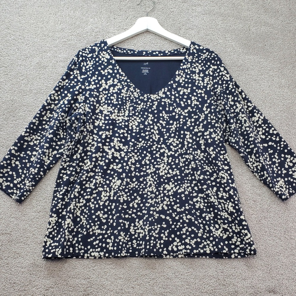 J. Jill Forward-Seam Tee Womens MP Black White Dot 3/4 Sleeve V-Neck Abstract